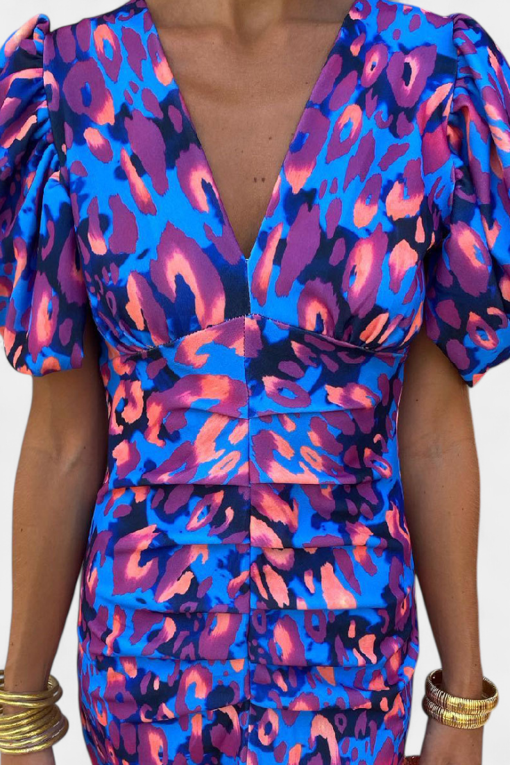 Wibia Printed Dress with Puff Sleeves and Gathered Details