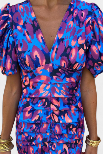 Wibia Printed Dress with Puff Sleeves and Gathered Details