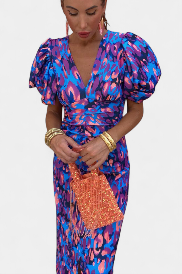 Wibia Printed Dress with Puff Sleeves and Gathered Details