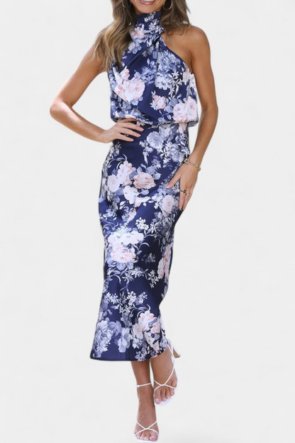 Lisa Floral Maxi Dress with Halter Neck and Adjustable Waist