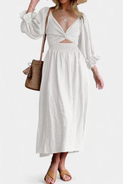 Petra Two-Tier Dress with Ruched Bodice and Puff Sleeves