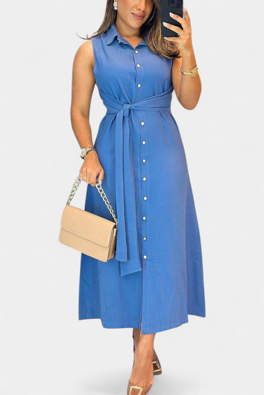 Behnaz Elegant Sleeveless Belted Shirt Collar Dress