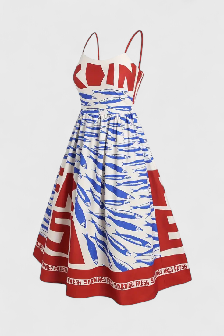 Maricela Vintage Dress with Straps and Sardine Design