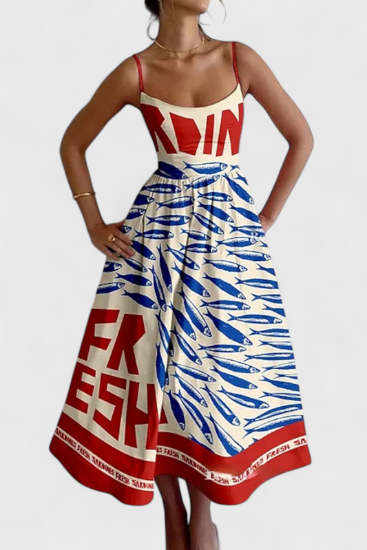 Maricela Vintage Dress with Straps and Sardine Design