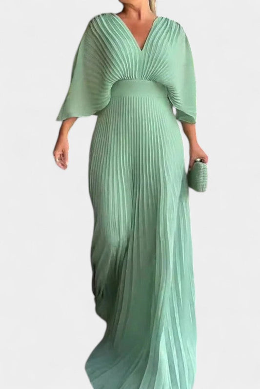 Anita Midi Dress with Pleats and V-Neckline