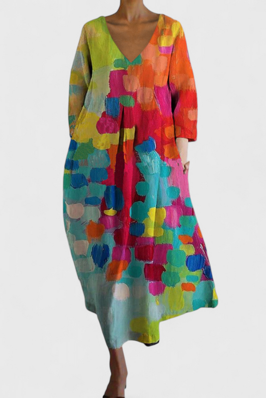 Anne Colorful Long Dress with V-Neckline