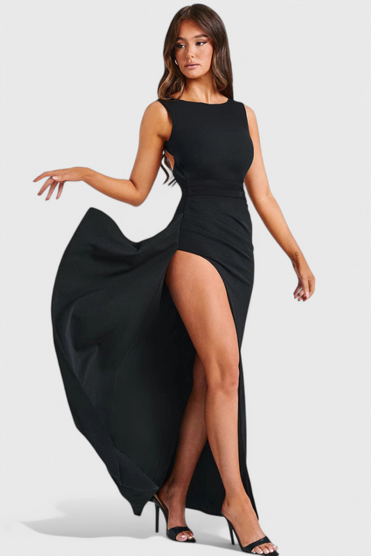 Marion Satin Dress with Open Back and Wide Side Slit