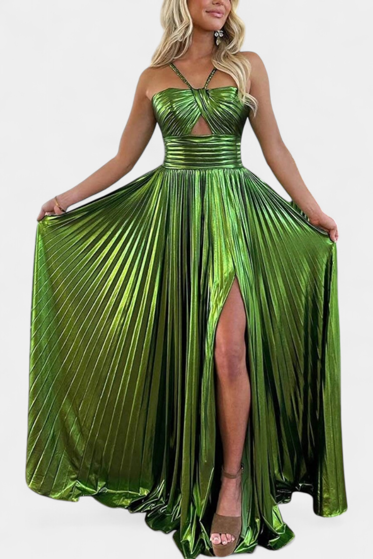 Aikaterini Metallic V-Neck Maxi Dress with Slit