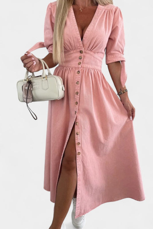 Adelina Button-Down Denim Midi Dress with V-Neckline