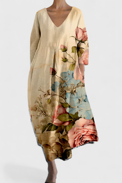 Anne Colorful Long Dress with V-Neckline