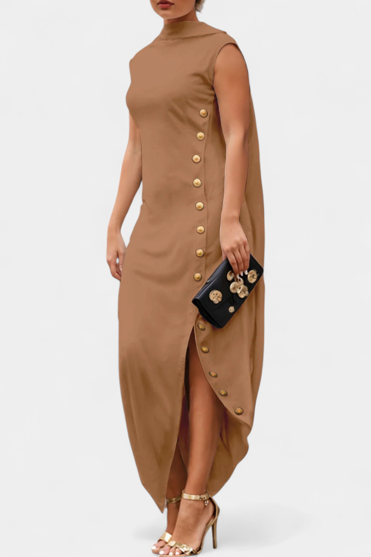Aphrodite Asymmetrical Dress with Elegant Gold Buttons