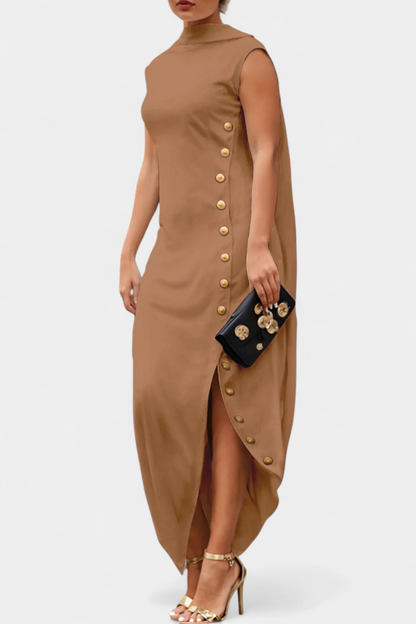 Aphrodite Asymmetrical Dress with Elegant Gold Buttons