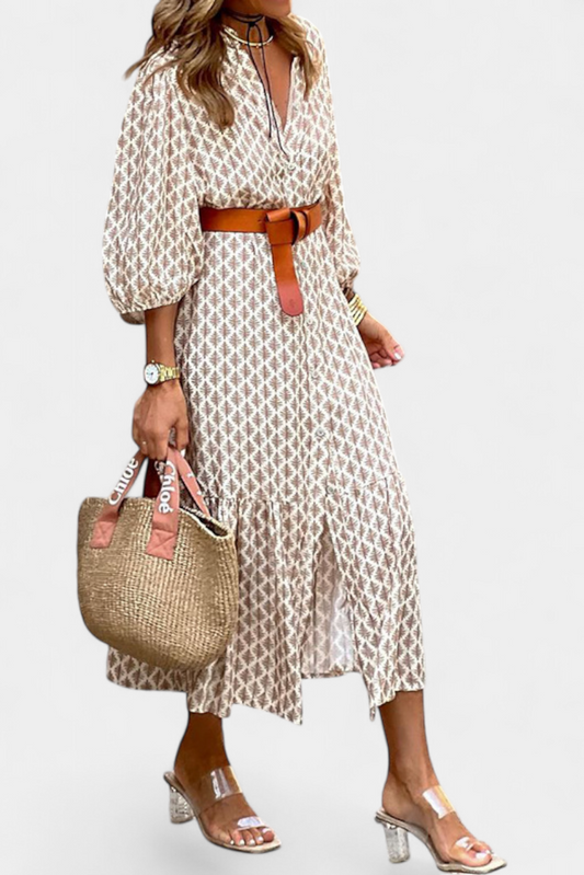 Antonia Midi Dress with Adjustable Waist and Button Details
