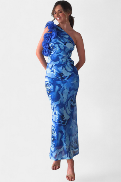 Maëlle One-Shoulder Midi Dress with Floral Details