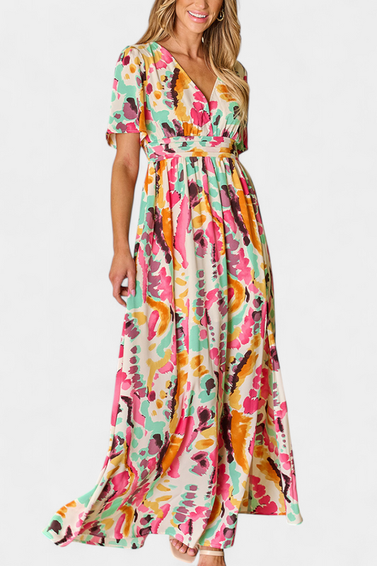 Yuki Boho Dress with V-Neckline and Tie-Dye Print