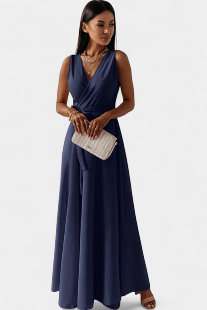 Marla Long Dress with V-Neckline and Solid Color