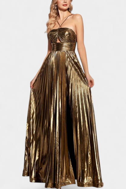 Aikaterini Metallic V-Neck Maxi Dress with Slit