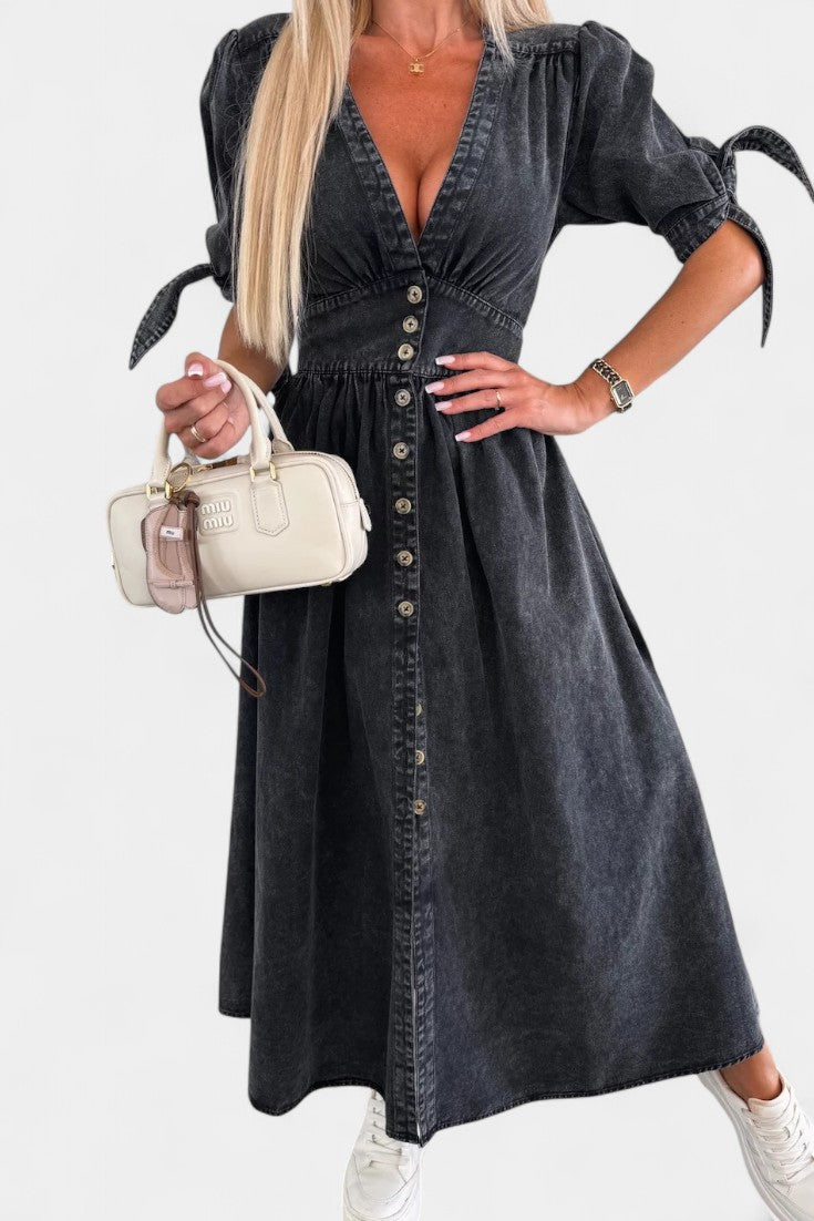 Adelina Button-Down Denim Midi Dress with V-Neckline