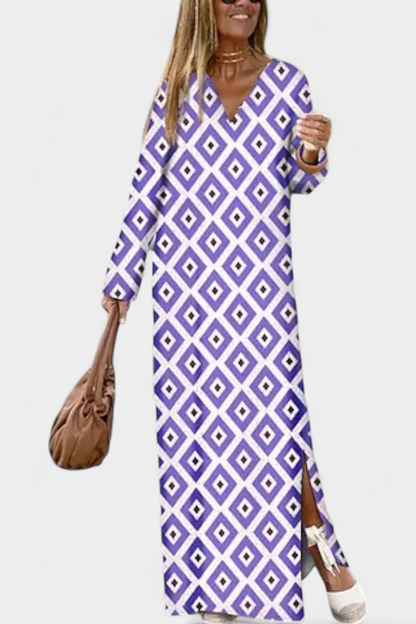 Brisa Geometric Long Dress with Slit and V-Neckline