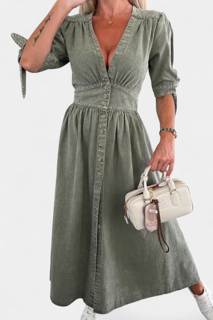 Adelina Button-Down Denim Midi Dress with V-Neckline