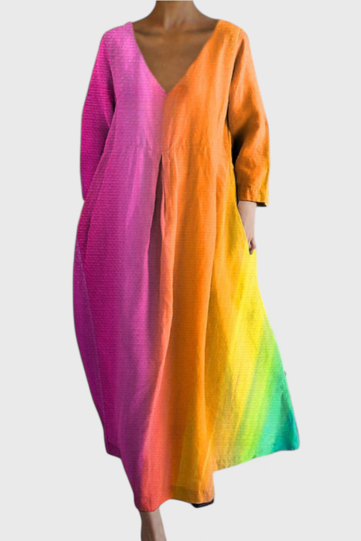 Anne Colorful Long Dress with V-Neckline