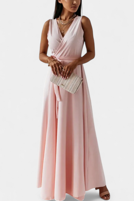 Marla Long Dress with V-Neckline and Solid Color