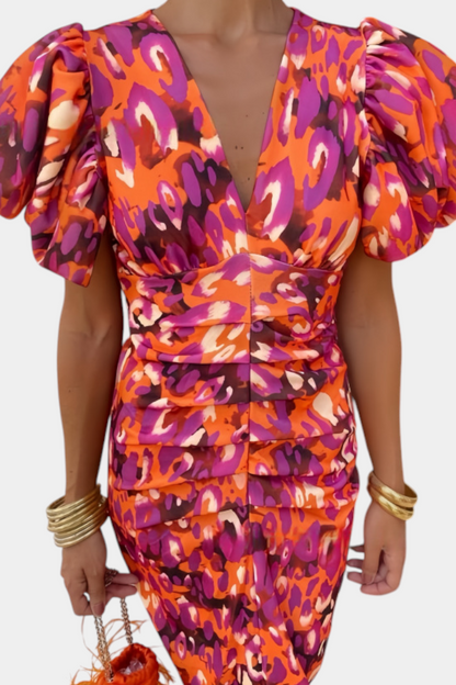 Wibia Printed Dress with Puff Sleeves and Gathered Details