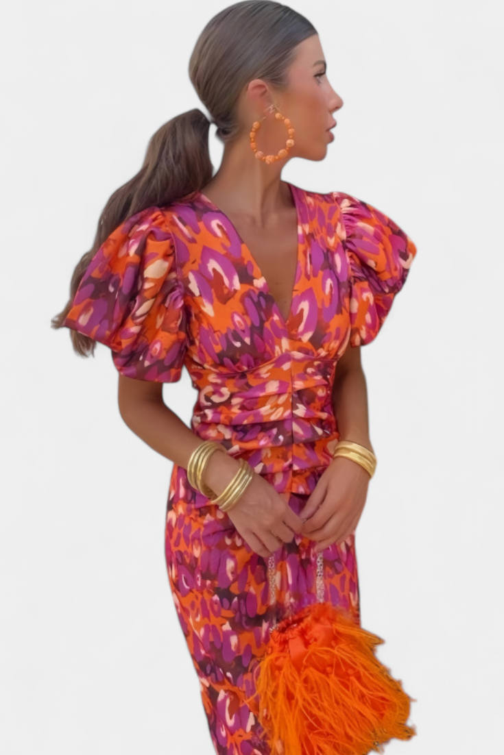 Wibia Printed Dress with Puff Sleeves and Gathered Details