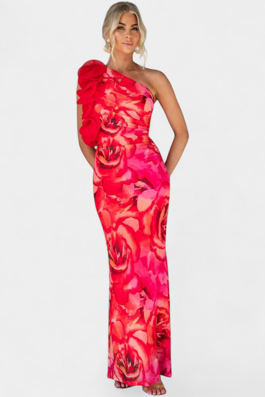 Maëlle One-Shoulder Midi Dress with Floral Details