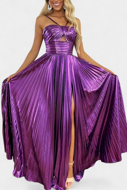Aikaterini Metallic V-Neck Maxi Dress with Slit