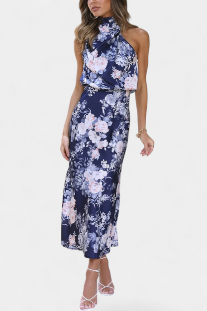 Lisa Floral Maxi Dress with Halter Neck and Adjustable Waist