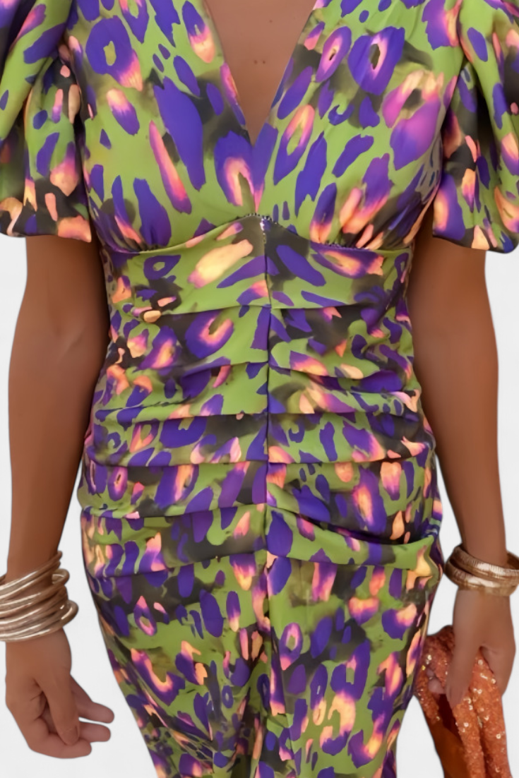 Wibia Printed Dress with Puff Sleeves and Gathered Details