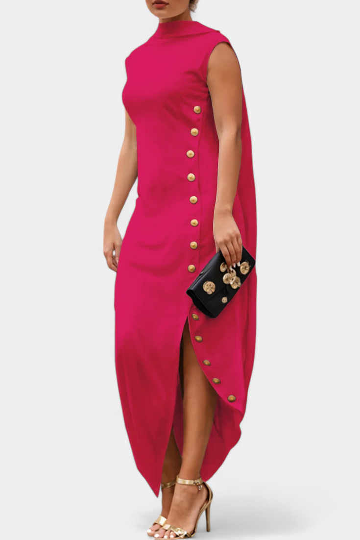 Aphrodite Asymmetrical Dress with Elegant Gold Buttons