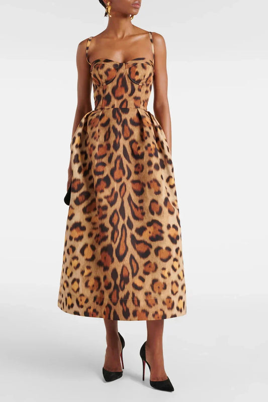 Tiana Midi Bustier Dress in Leopard Print
