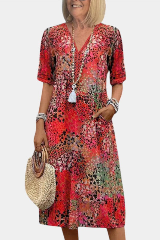 Boho Pearl Dress with Floral Print and Crochet Trim