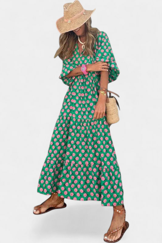 Aroa Boho Dress with Artistic Print and Flowy Cut