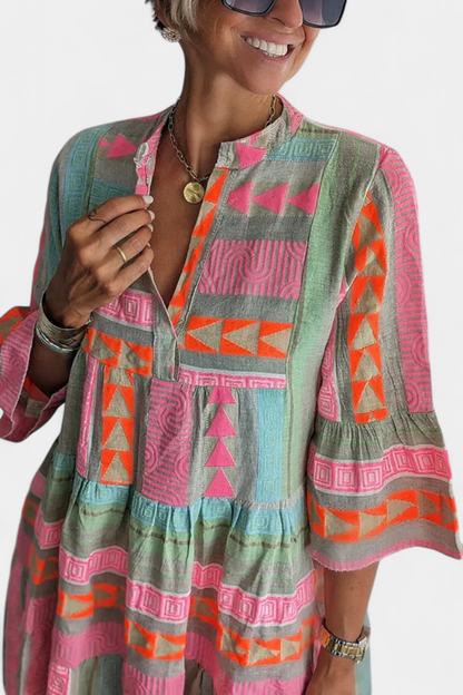 Gina Boho Dress with Embroidery and V-Neckline