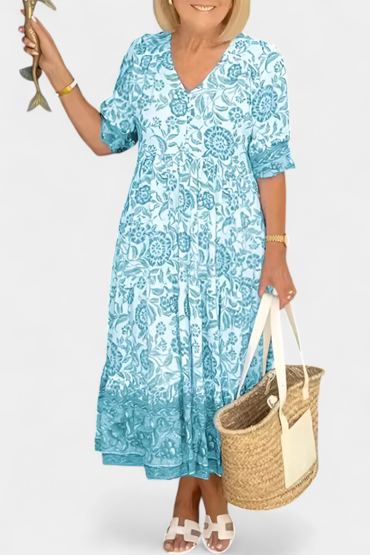 Elcira Floral Dress with Bohemian Touch and V-Neckline