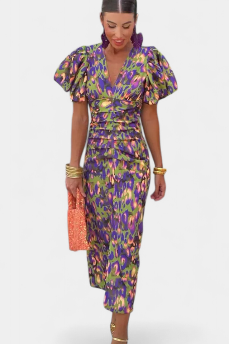 Wibia Printed Dress with Puff Sleeves and Gathered Details