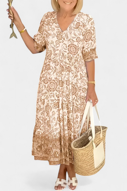 Elcira Floral Dress with Bohemian Touch and V-Neckline