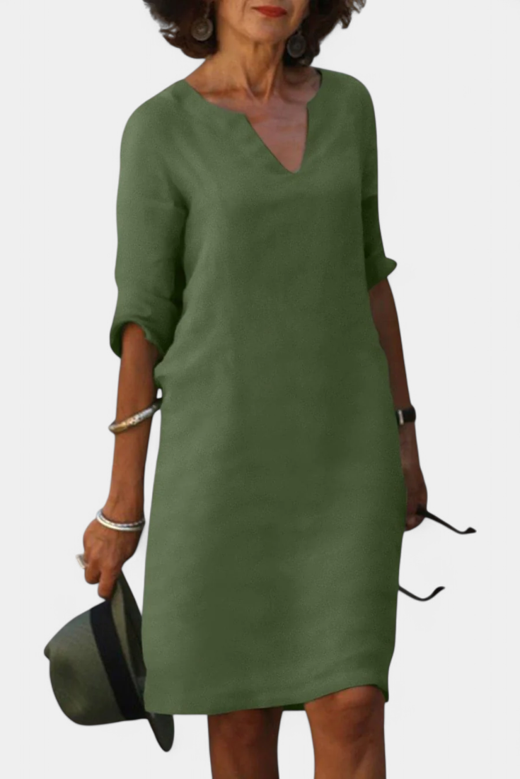 Elowen V-Neck Dress with Three-Quarter Sleeves