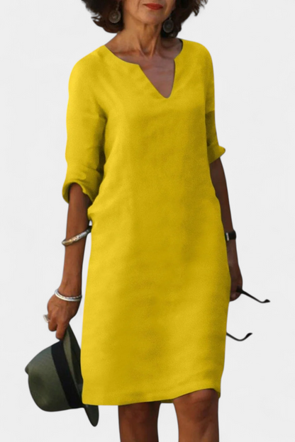 Elowen V-Neck Dress with Three-Quarter Sleeves
