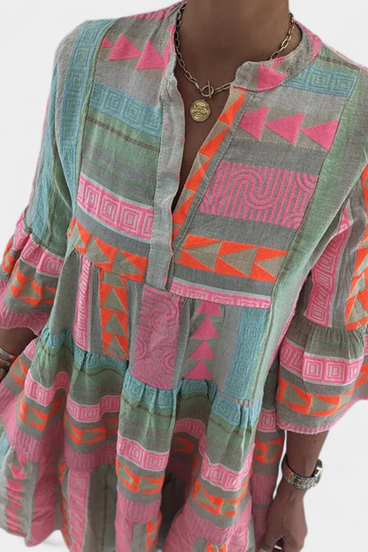 Gina Boho Dress with Embroidery and V-Neckline