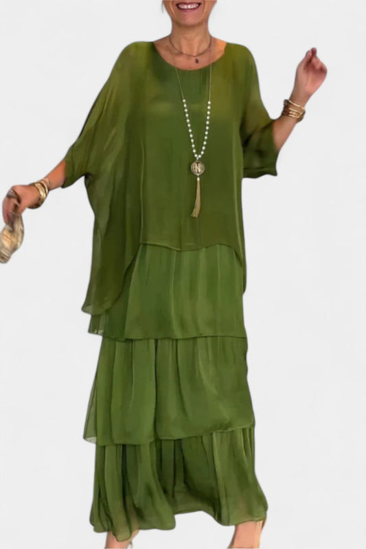 Caroline Maxi Dress with Ruffles and Batwing Sleeves
