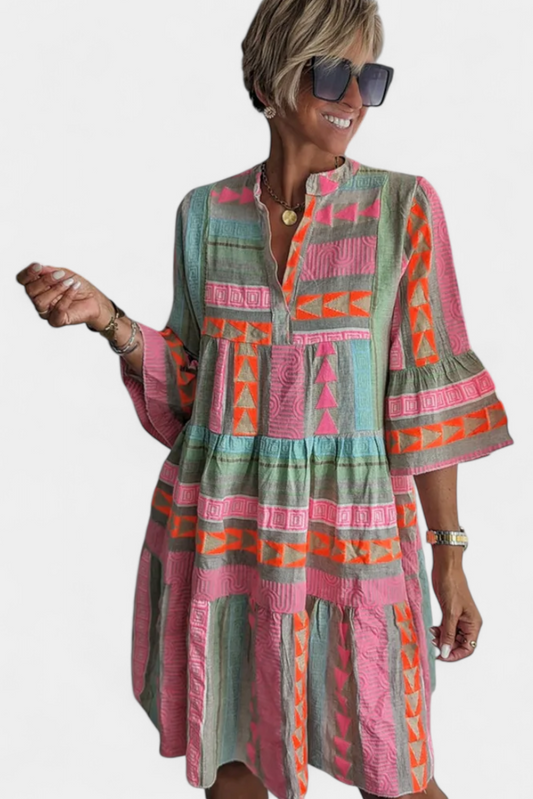 Gina Boho Dress with Embroidery and V-Neckline