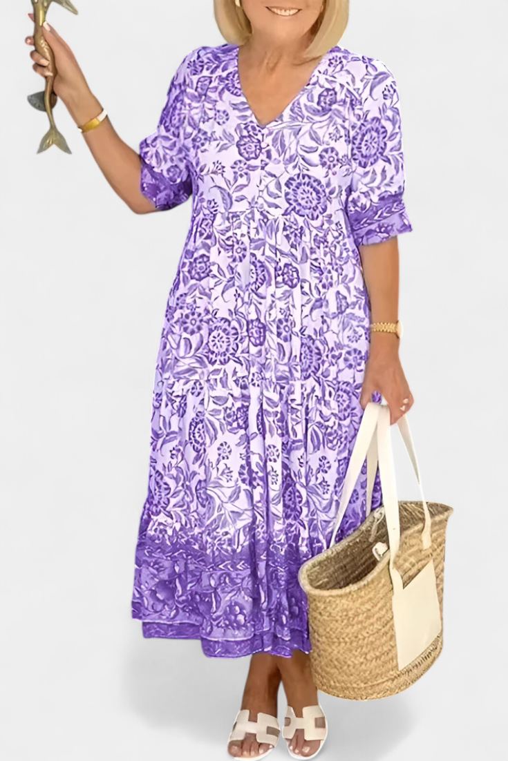 Elcira Floral Dress with Bohemian Touch and V-Neckline