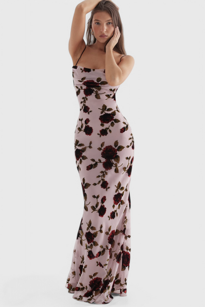 Irina Satin Dress with Floral Print and Open Back