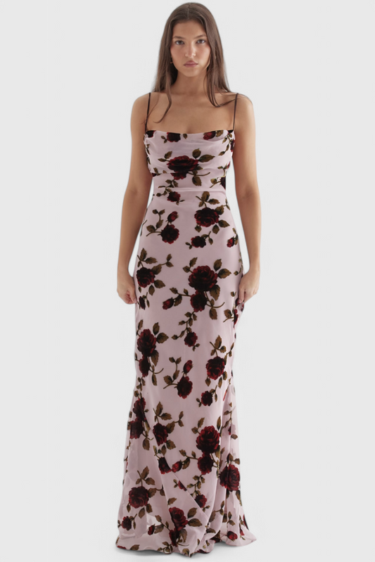 Irina Satin Dress with Floral Print and Open Back