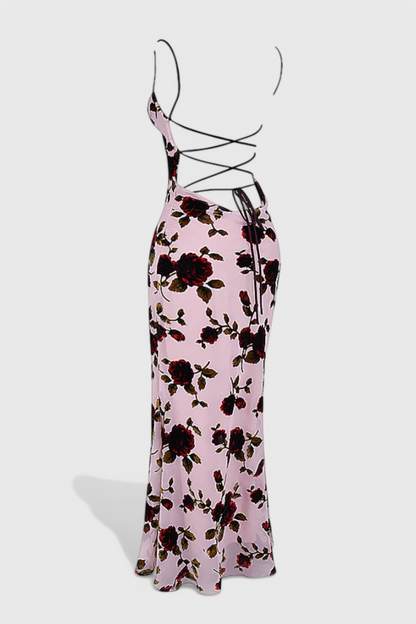 Irina Satin Dress with Floral Print and Open Back