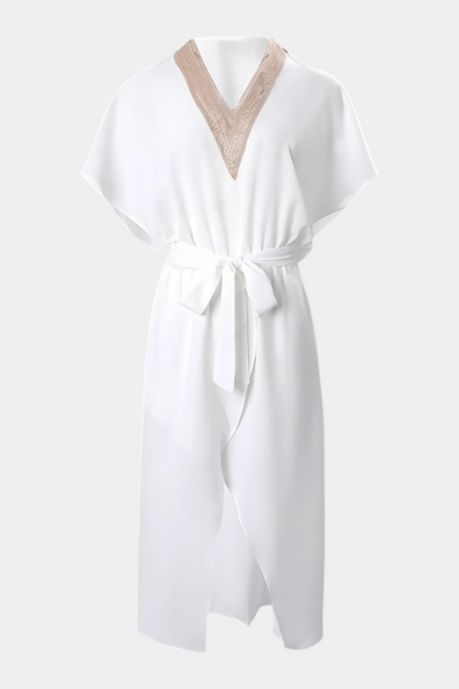 Effie White Wrap Dress with Openwork Neckline and Front Slit